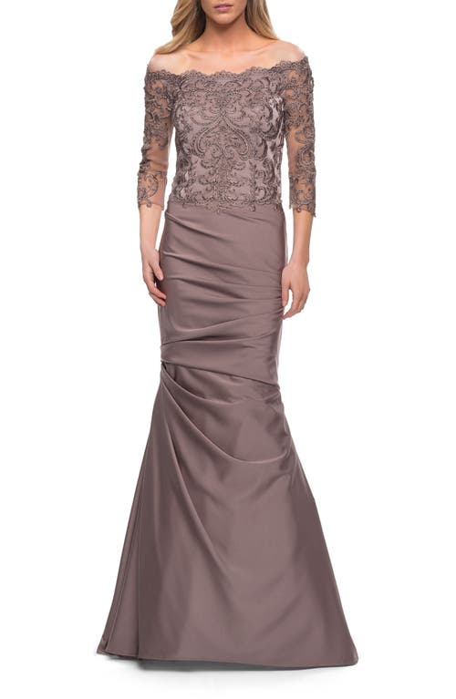 La Femme Off The Shoulder Lace Bodice Satin Mermaid Gown In Cocoa