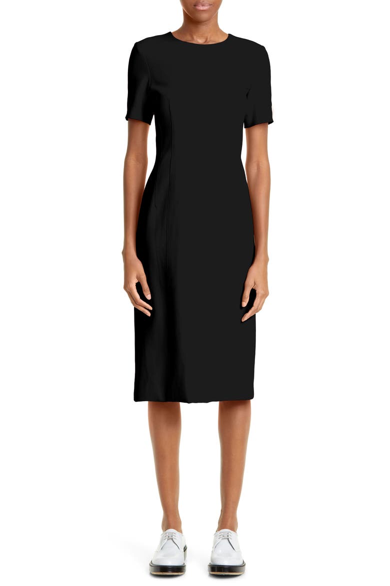 Short Sleeve Crepe Sheath Dress, Main, color, BLACK