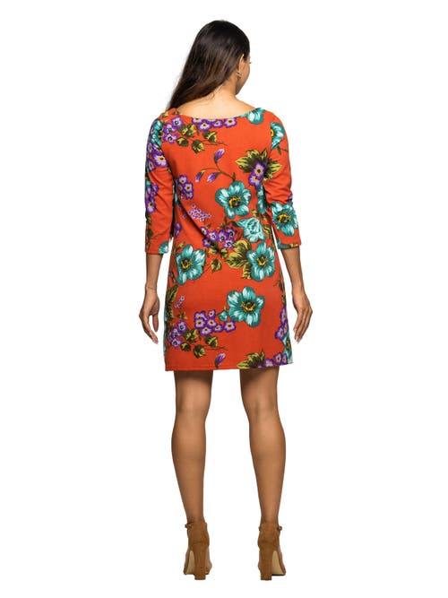 24seven Comfort Apparel Floral Print Three Quarter Sleeve A-line Knee Length Dress In Multi