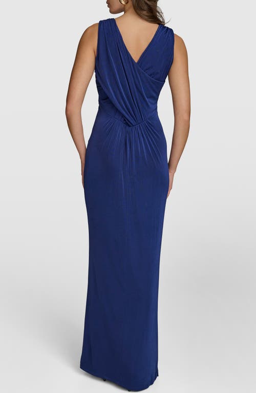 Shop Donna Karan New York Ruched Front Slit Sleeveless Gown In Cosmos