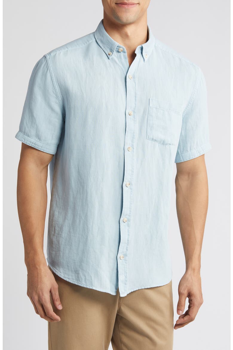 Antique Dyed Linen Blend Short Sleeve Button-Down Shirt, Main, color, BLUE