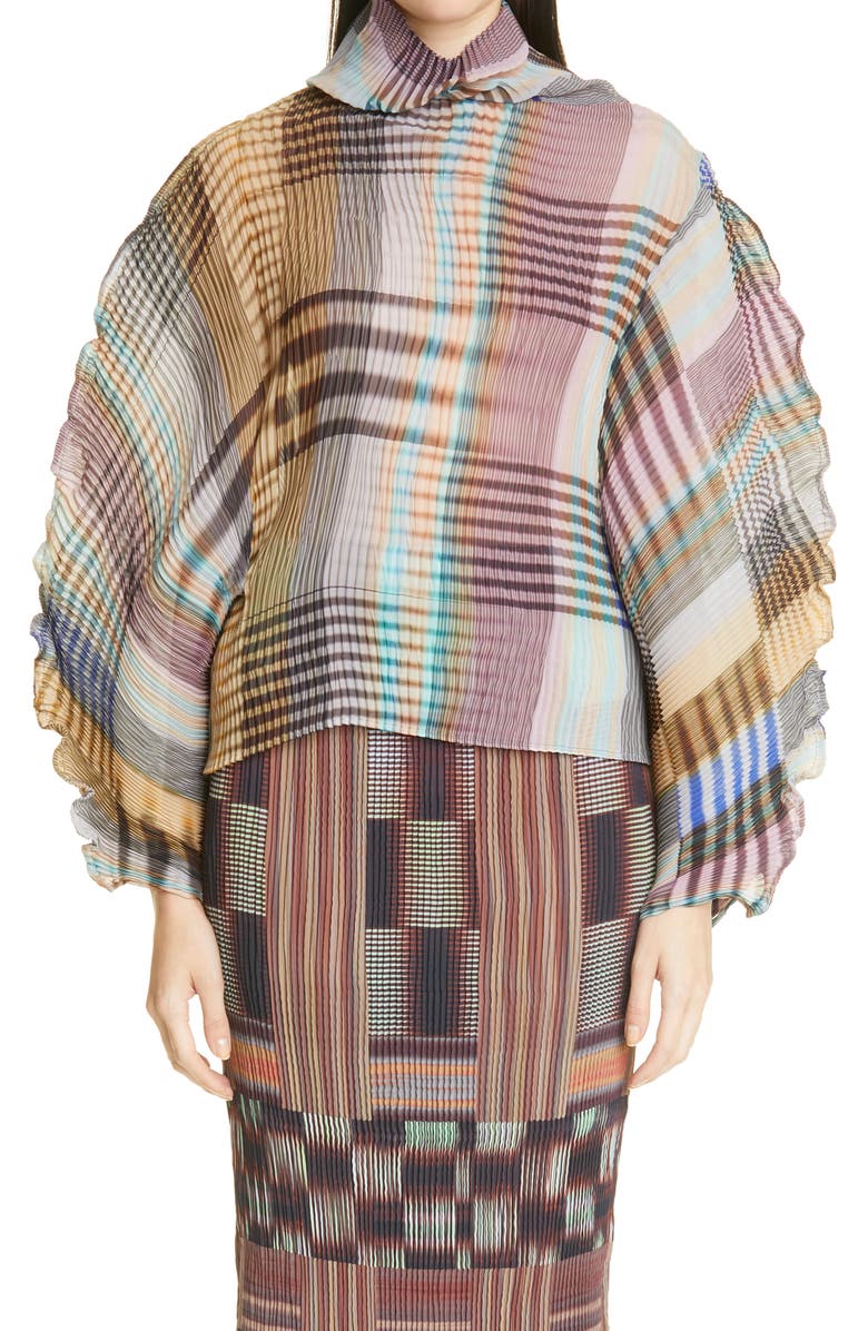 Julia Heuer Morena Check Plissé Pleated Bishop Sleeve Top, Main, color,