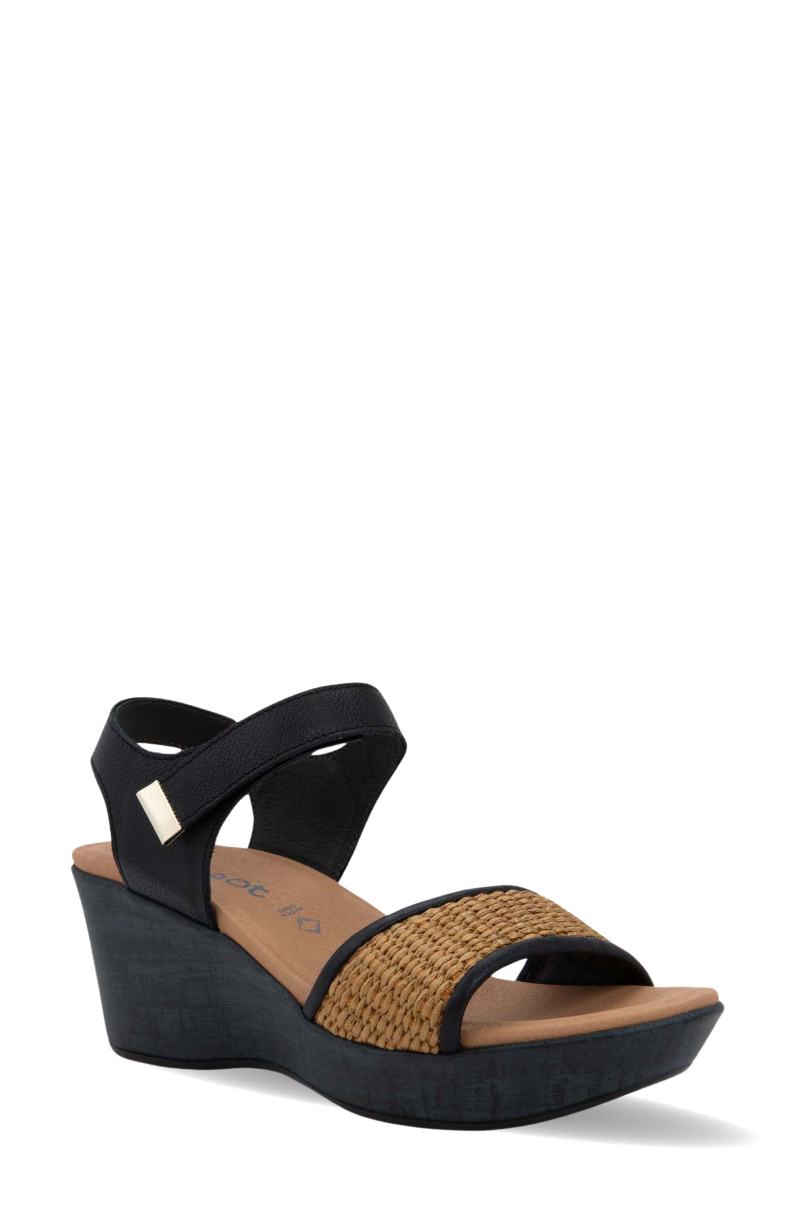 Naot Summer Wedge Sandal, Main, color, Black/ Raffia