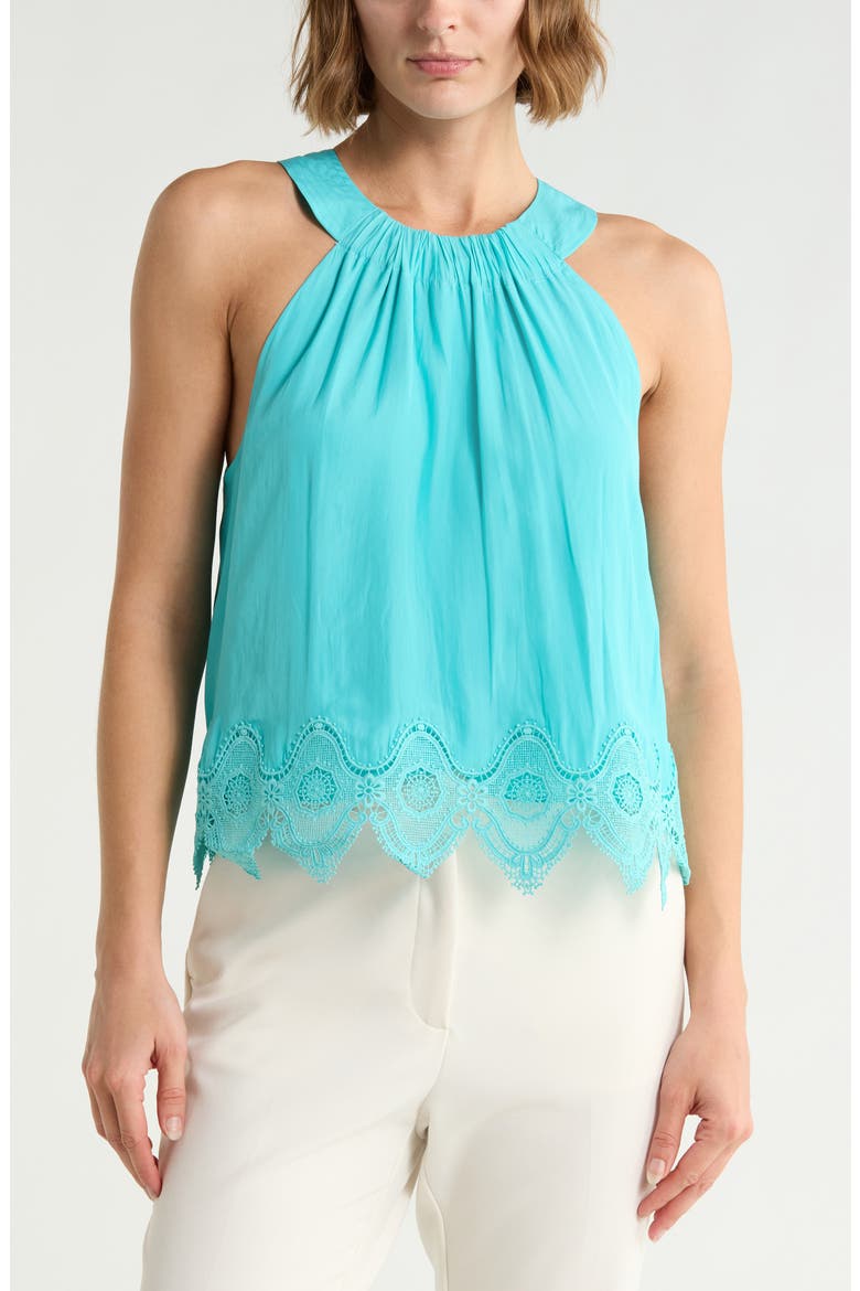 Karis Halter Neck Lace Trim Tank, Main, color, AQUA