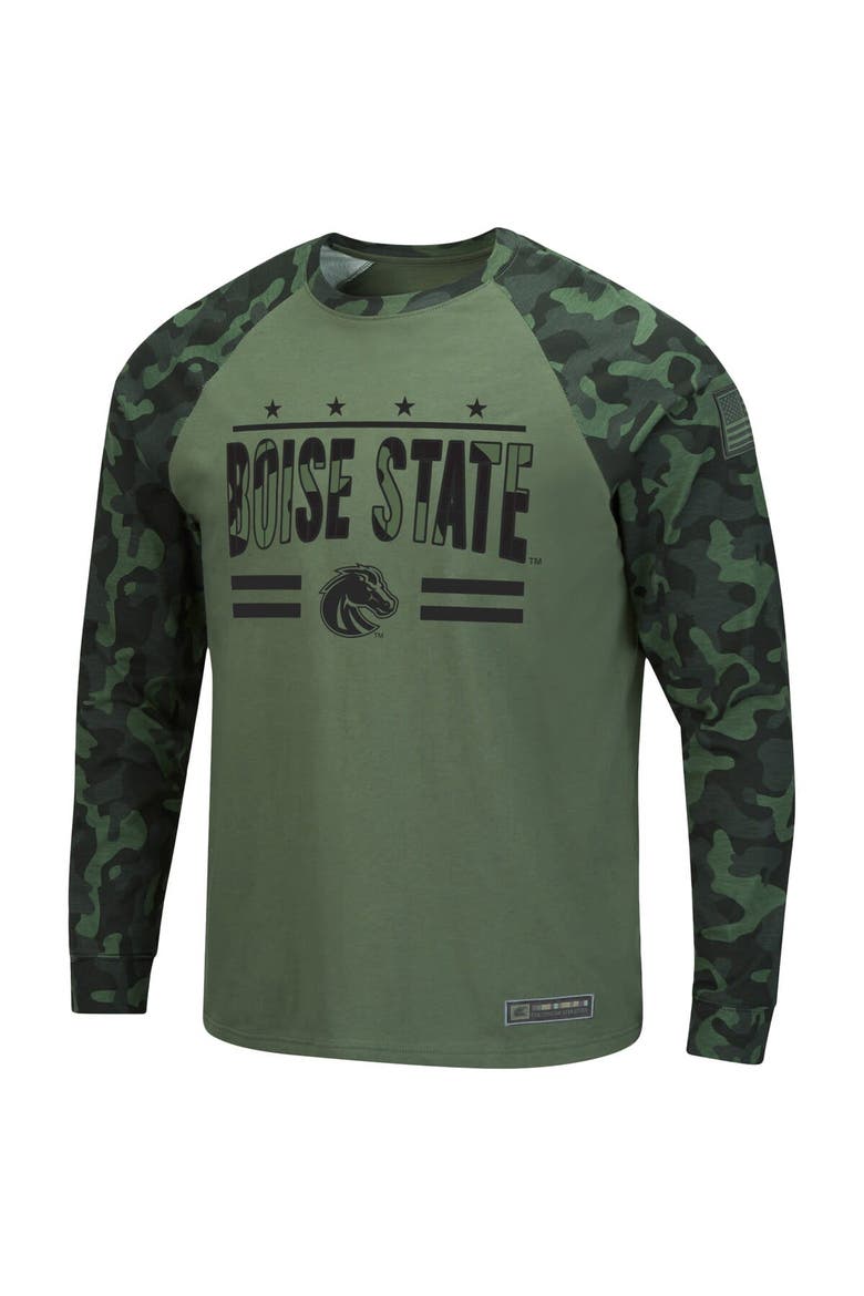 Men's Colosseum Olive/Camo Boise State Broncos OHT Military Appreciation Slim-Fit Raglan Long Sleeve T-Shirt, Alternate, color, Olive