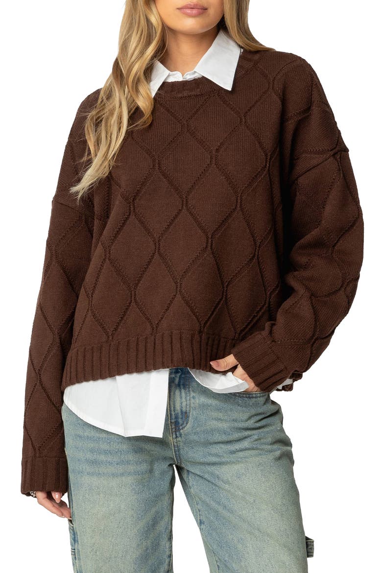 Cass Textured Argyle Oversize Sweater, Main, color, BROWN