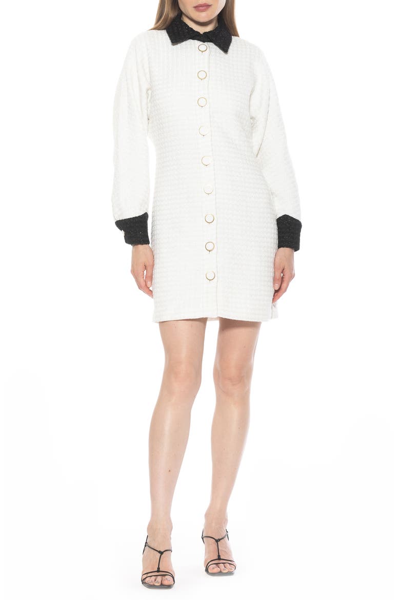 Velvette Long Sleeve Mini Tweed Shirtdress, Main, color, IVORY