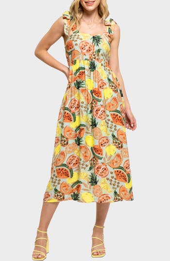 August Sky Fruit Print Tie Strap Midi Sundress In Multi