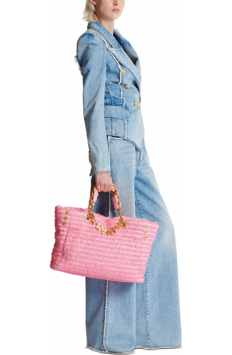 Balmain 1945 Soft Tote In Tweed-Effect Raffia, Alternate, color, Pink