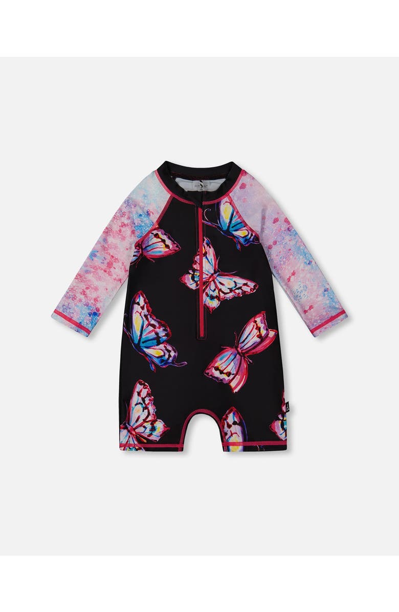 Deux par Deux Little Girl's Printed Long Sleeve One-Piece Rashguard Black And Multicolored Butterflies, Main, color,