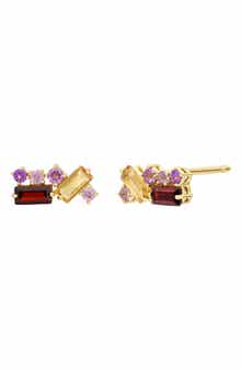14K Gold Amethyst, Garnet & Citrine Cluster Stud Earrings