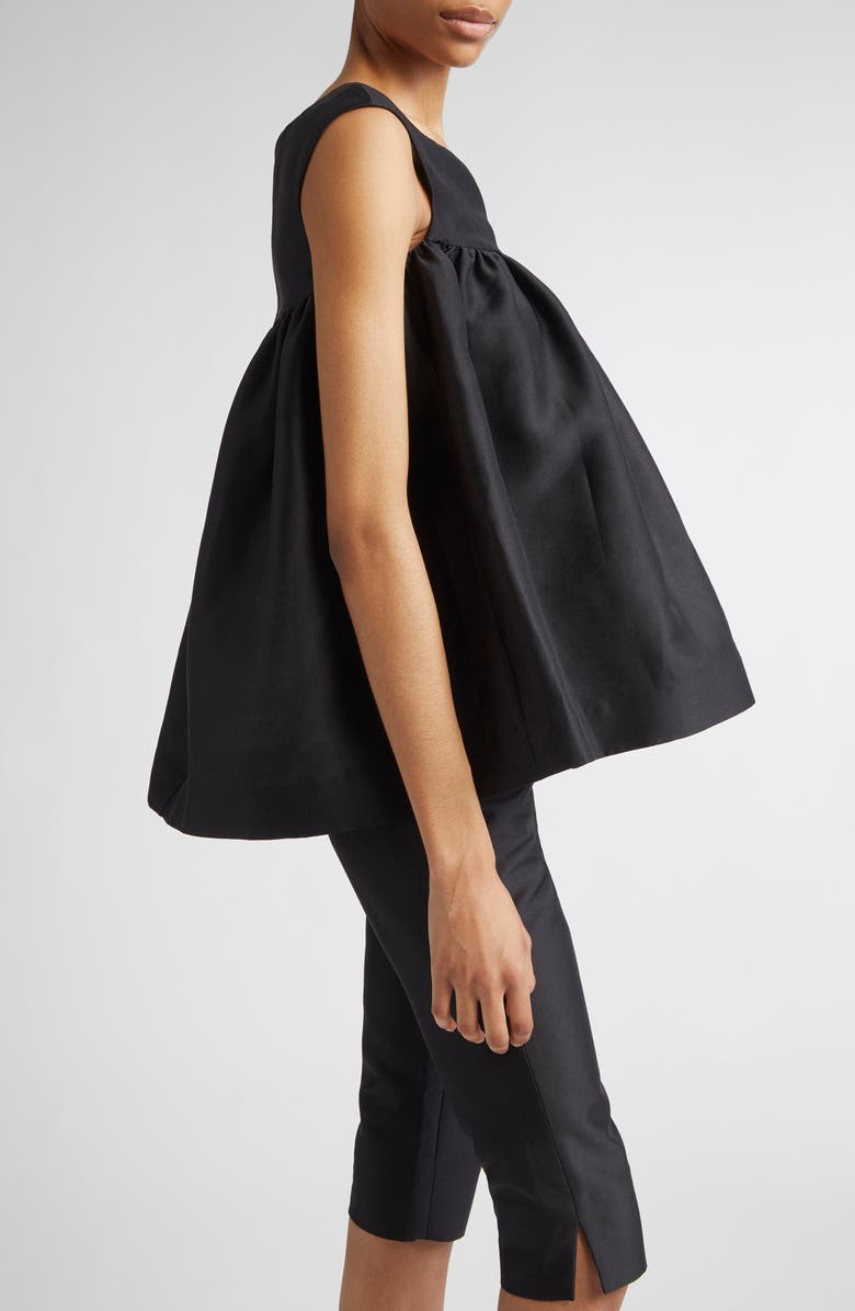 Shushu/Tong Fluffy Notched Floral Appliqué Satin Babydoll Top, Alternate, color, Black