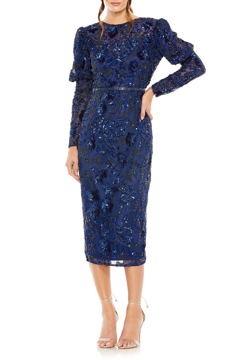 Beaded Floral Long Sleeve Sheath Cocktail Dress, Main, color, MIDNIGHT