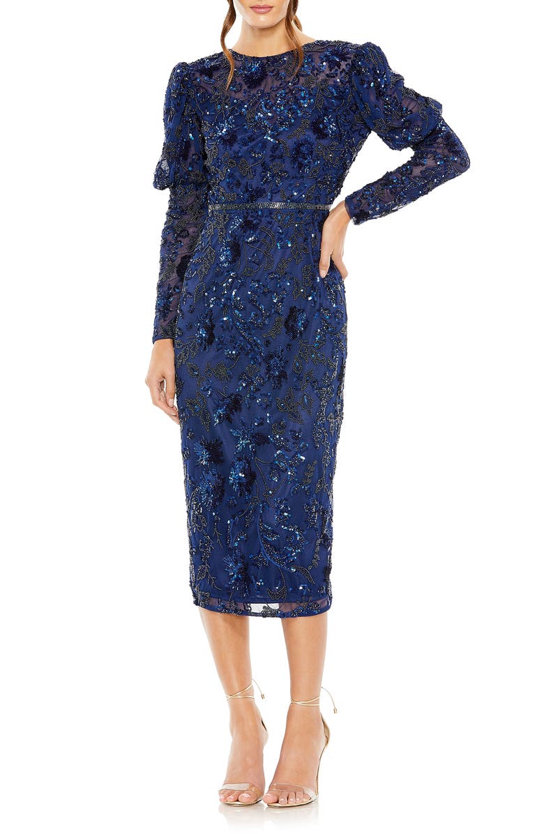 Mac Duggal Beaded Floral Long Sleeve Sheath Cocktail Dress, Main, color,