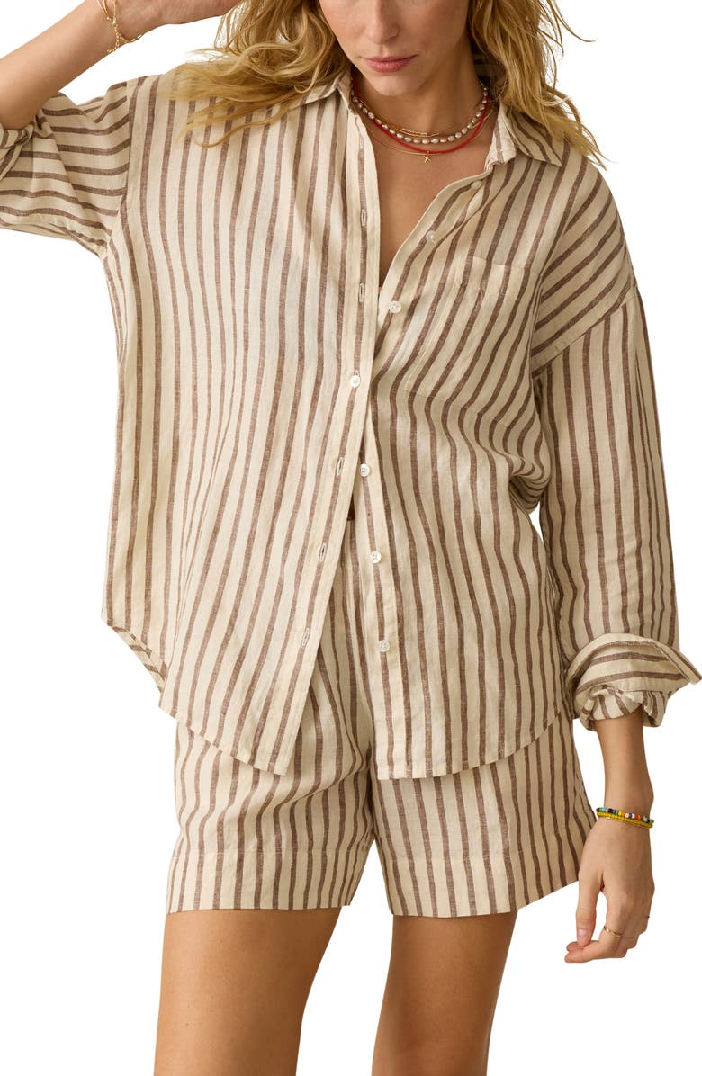 Faherty Laguna Stripe Linen Button-Up Shirt, Main, color, Cocoa Grove Stripe