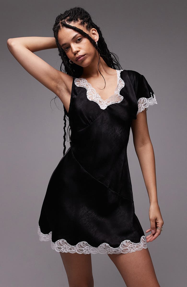 Topshop Lace Trim Satin Minidress, Alternate, color, Black Multi