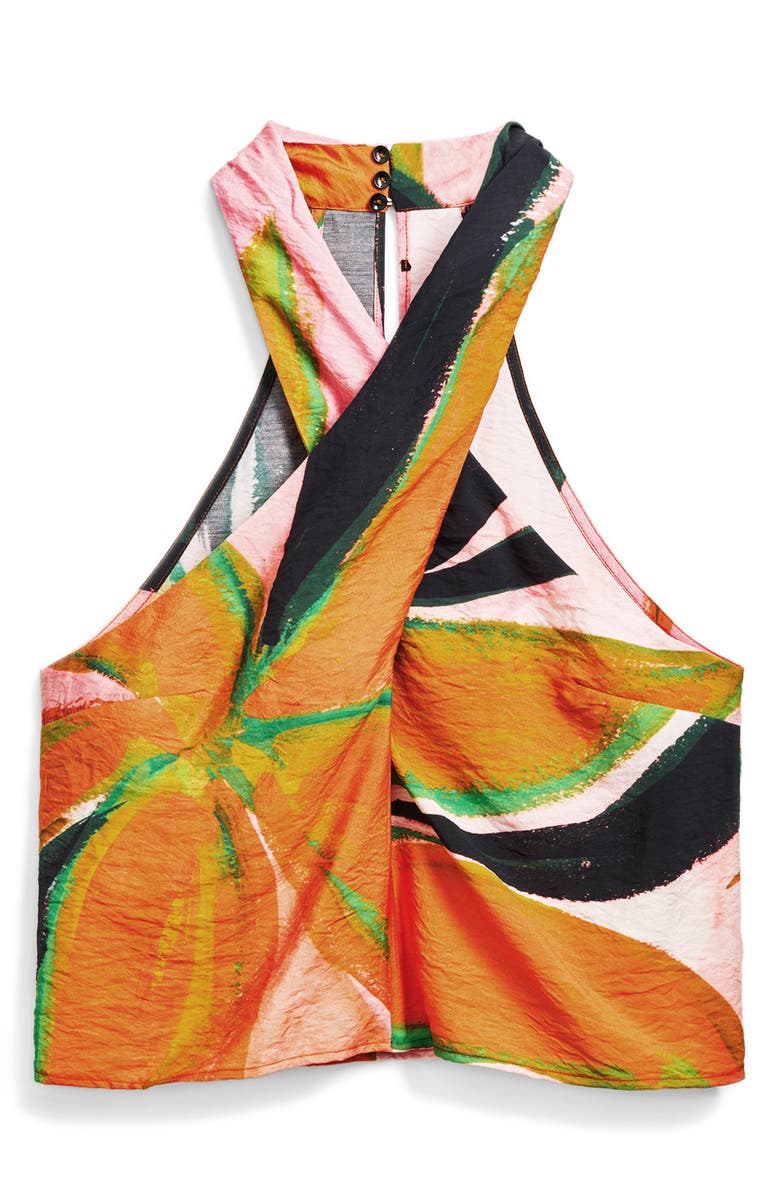 Desigual Floral Crinkled Crisscross Halter Neck Crop Top, Alternate, color, Pink