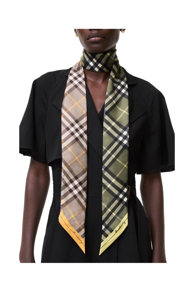 Skinny Contrast Check Silk Scarf, Alternate, color, Vole brown/pea green