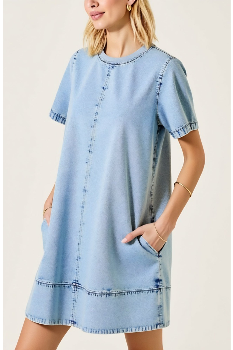 Denim Mini Dress with Pockets, Alternate, color, Light Blue