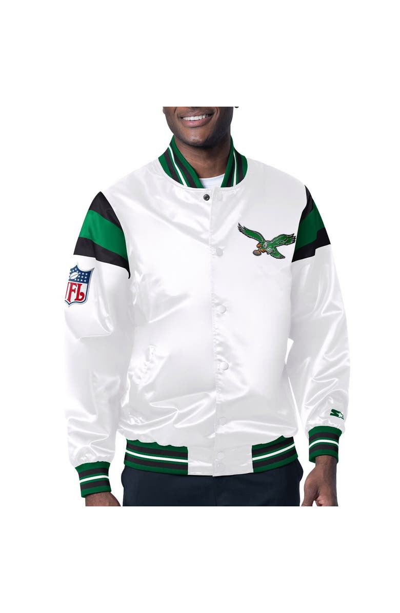 STARTER Men's Starter White/Kelly Green Philadelphia Eagles Vintage Satin Full-Snap Varsity Jacket, Alternate, color,