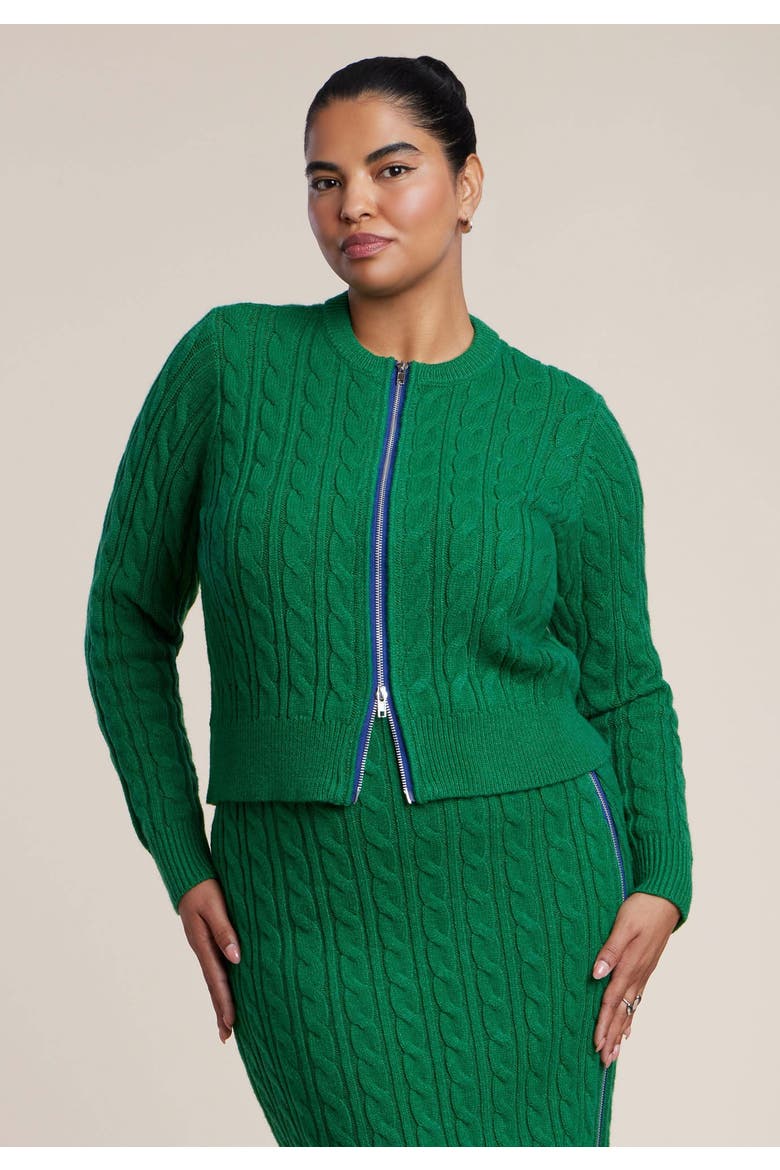 Contrast Zipper Cable Knit Cardigan, Main, color, VERDANT GREEN