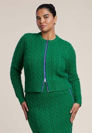 ELOQUII Contrast Zipper Cable Knit Cardigan