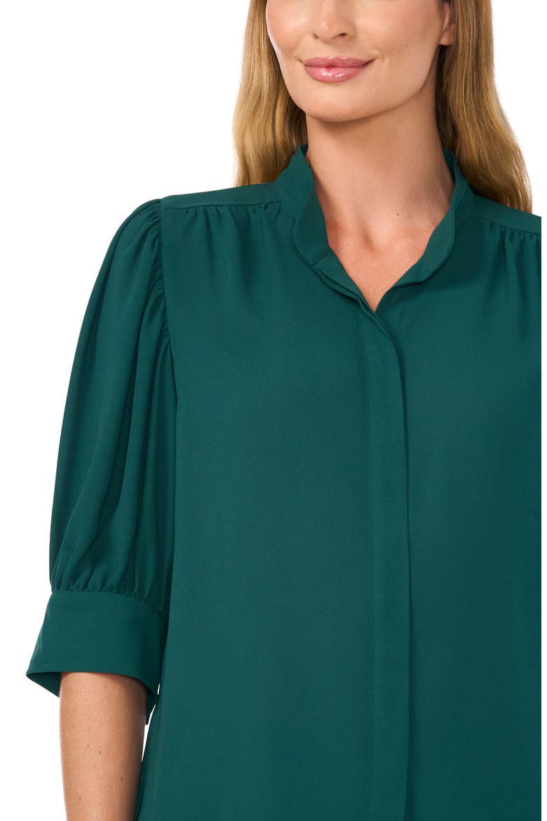 Puff Sleeve Button-Up Shirt, Alternate, color, DARK FOREST GREEN