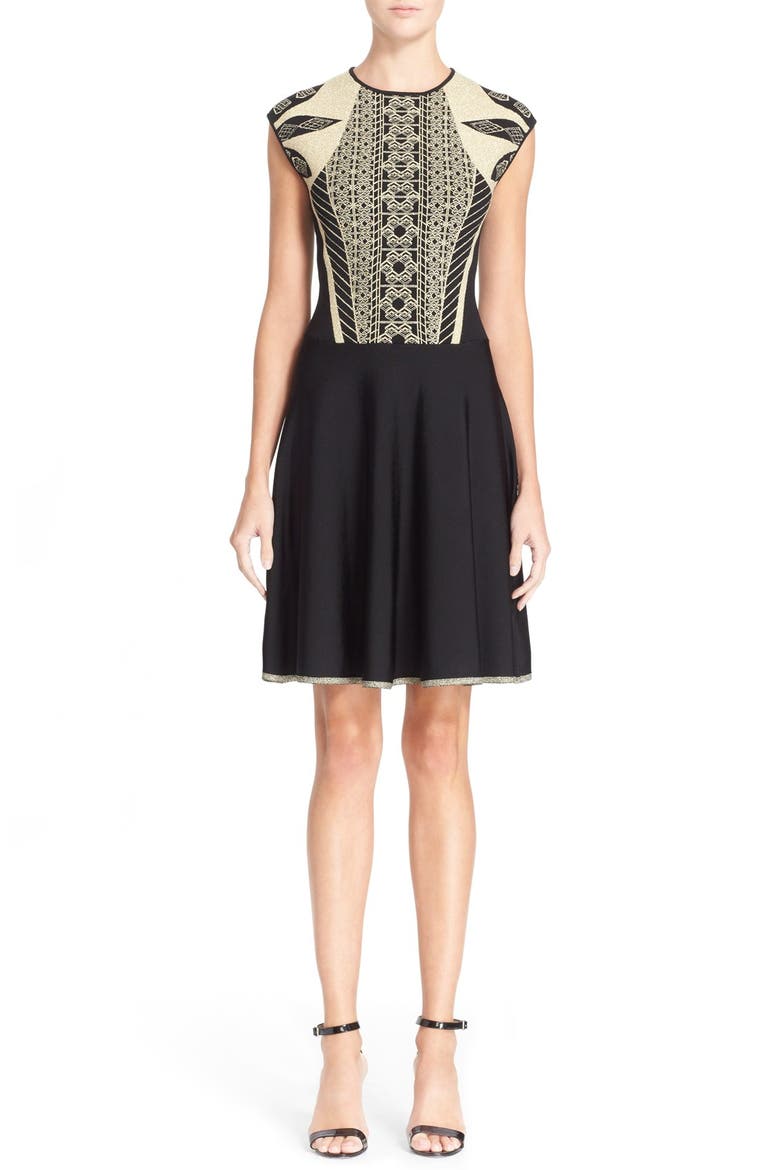 'Jenkin' Metallic Jacquard Fit & Flare Dress, Main, color, BLACK