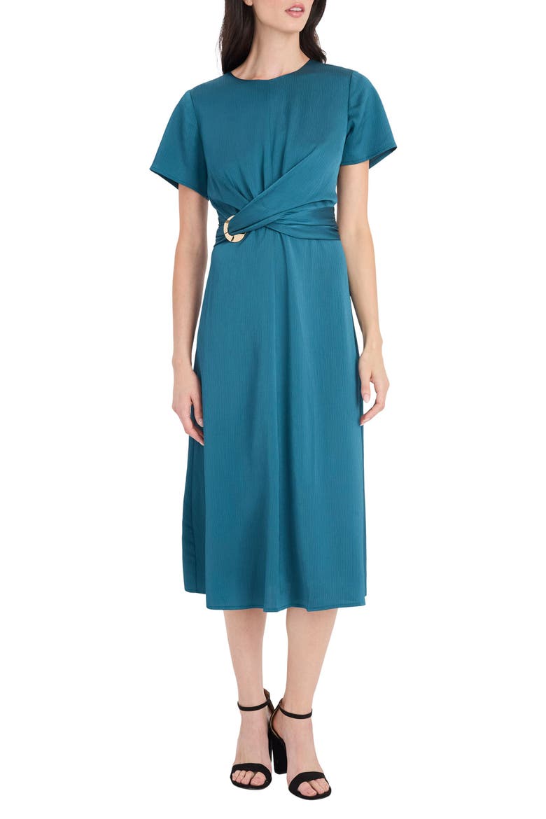 Gold Waist Detail Midi Dress, Main, color, GREEN HERON