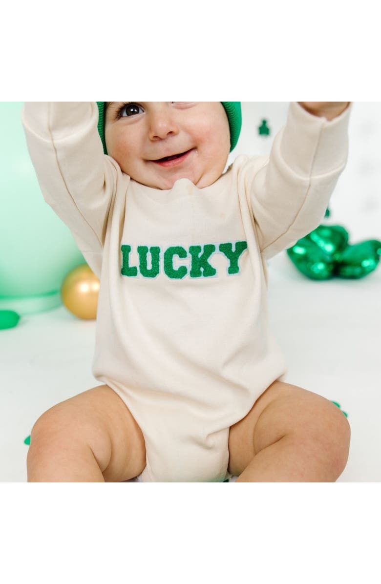 Sweet Wink Lucky Varsity Patch St. Patrick's Day Long Sleeve Romper, Alternate, color,