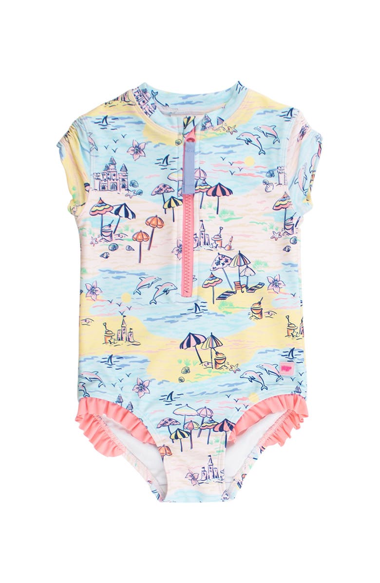 RuffleButts Short Sleeve UPF50 One Piece Rash Guard, Main, color, Beach Day
