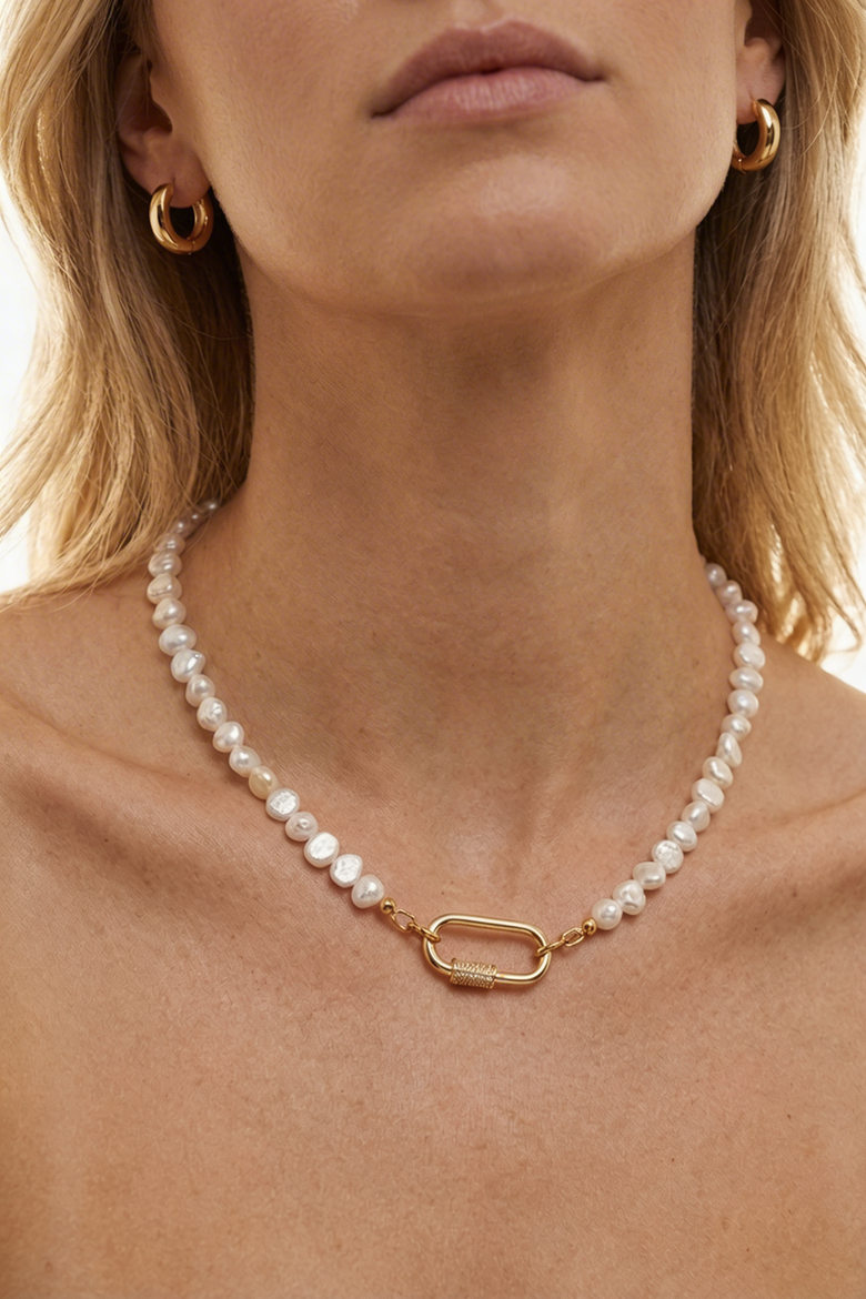 Carabiner Lock Style Freshwater Pearl Necklace And Earring Set, Alternate, color, Metallic Gold