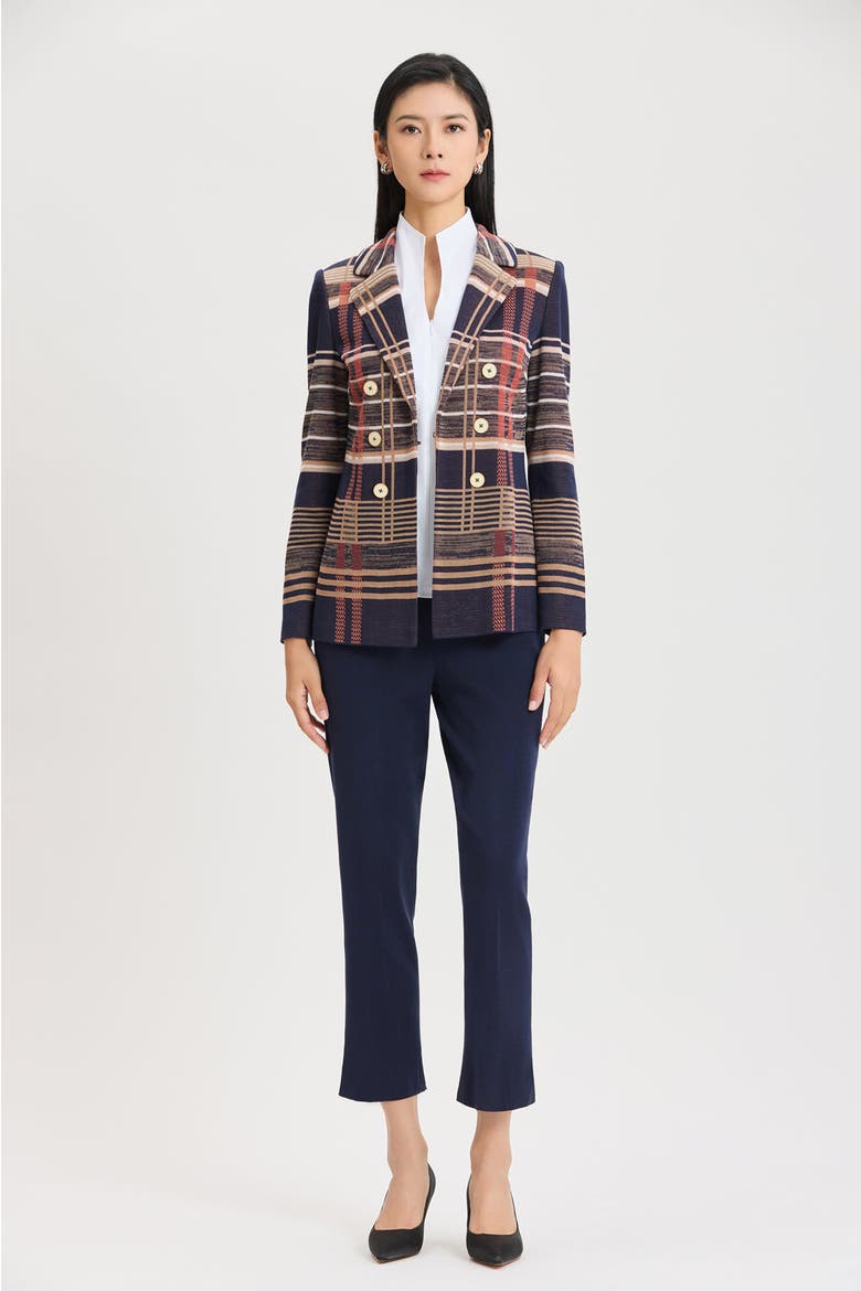 Faux Doubled Breast Plaid Knit Blazer, Main, color, Indigo/Warm Taupe/Sienna/Ivory