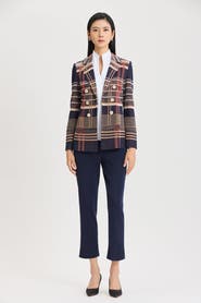 Ming Wang Faux Doubled Breast Plaid Knit Blazer