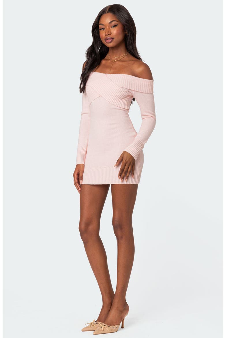 Crossover Long Sleeve Off the Shoulder Sweater Minidress, Alternate, color, LIGHT-PINK