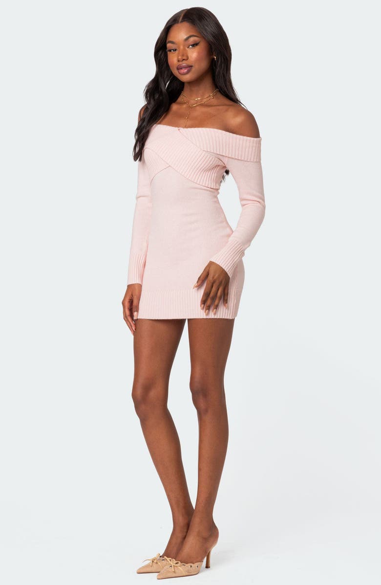 EDIKTED Crossover Long Sleeve Off the Shoulder Sweater Minidress, Alternate, color, Light-Pink