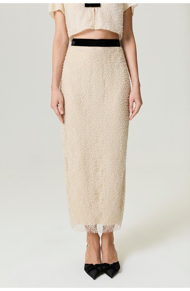 Nocturne Pearl Embellished Pencil Skirt, Main, color, Beige