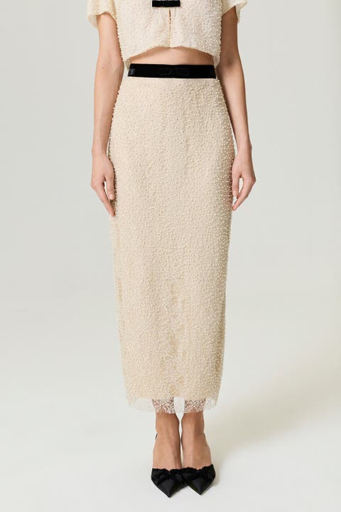 Pearl Embellished Pencil Skirt