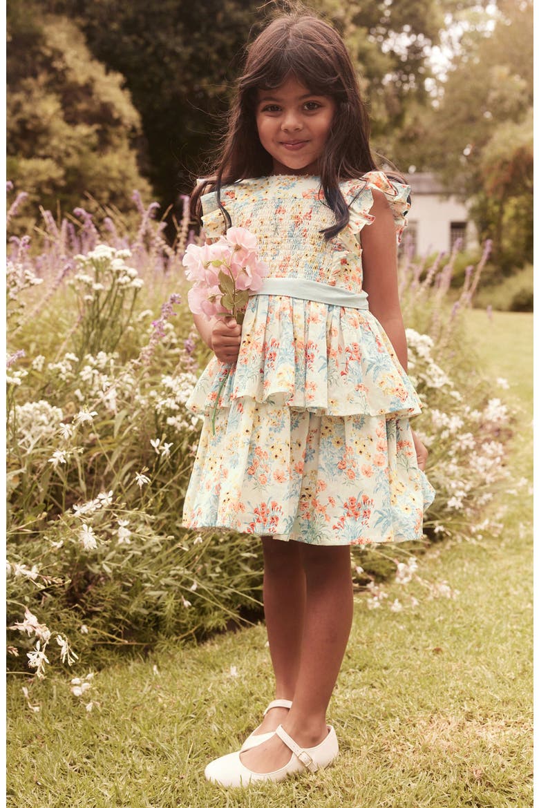 Kids' Smocked Flutter Sleeve Tiered Cotton Dress, Alternate, color, IVORY/ CORAL FLORAL