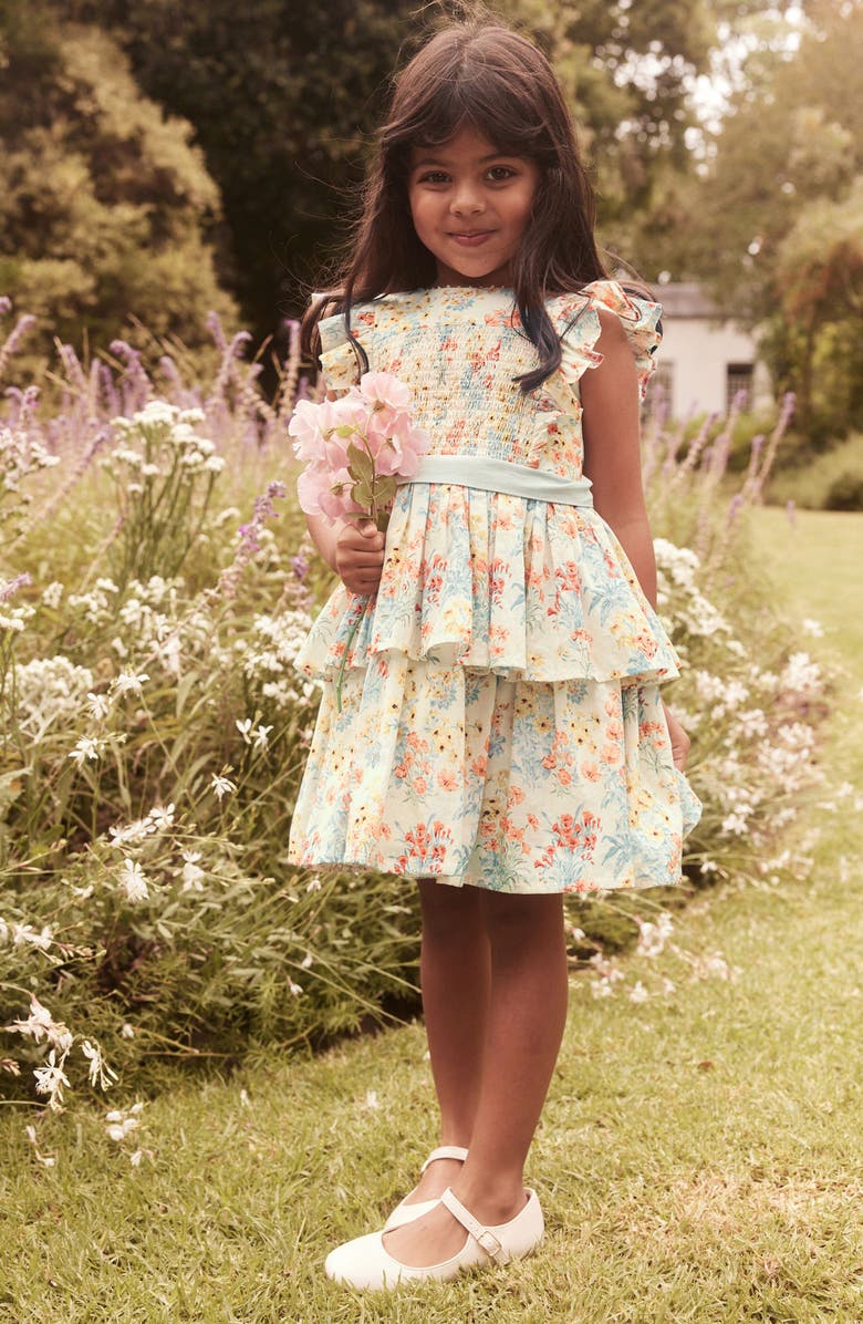 Laura Ashley Kids' Smocked Flutter Sleeve Tiered Cotton Dress, Alternate, color, 