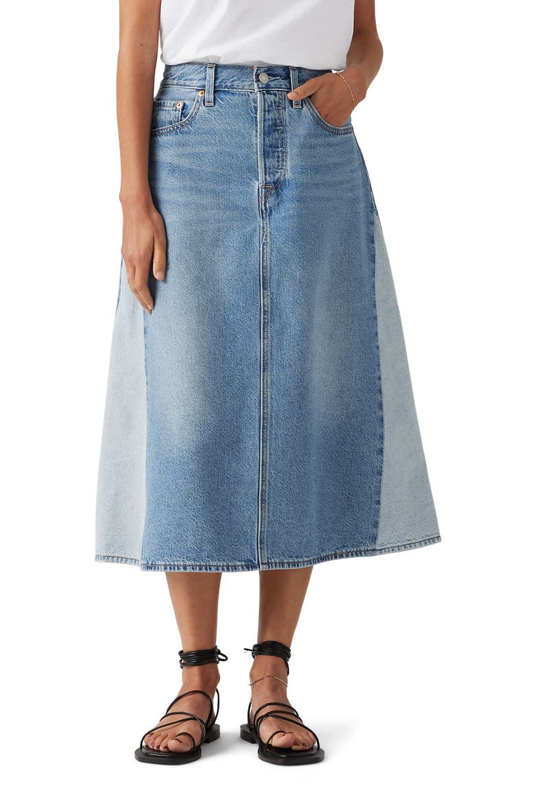 Pieced A-Line Denim Midi Skirt, Main, color, MIXED MONEY BAGS