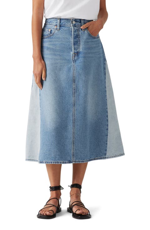 Pieced A-Line Denim Midi Skirt (Mixed Money Bags)