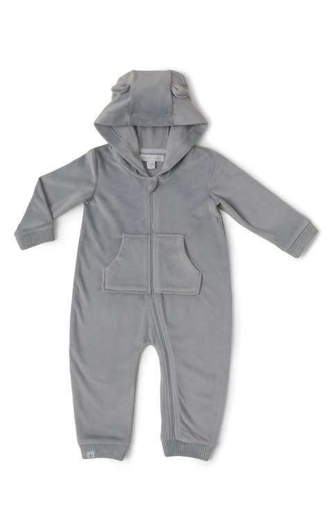 Organic Cotton Hooded Jumpsuit Gray Mix Printed Bears