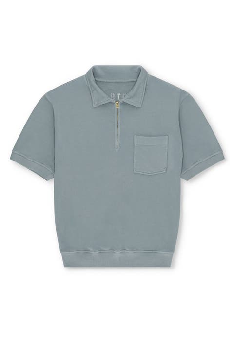 Yalepm Brushed Jersey Quarter Zip Collared Short Sleeve Sweatshirt