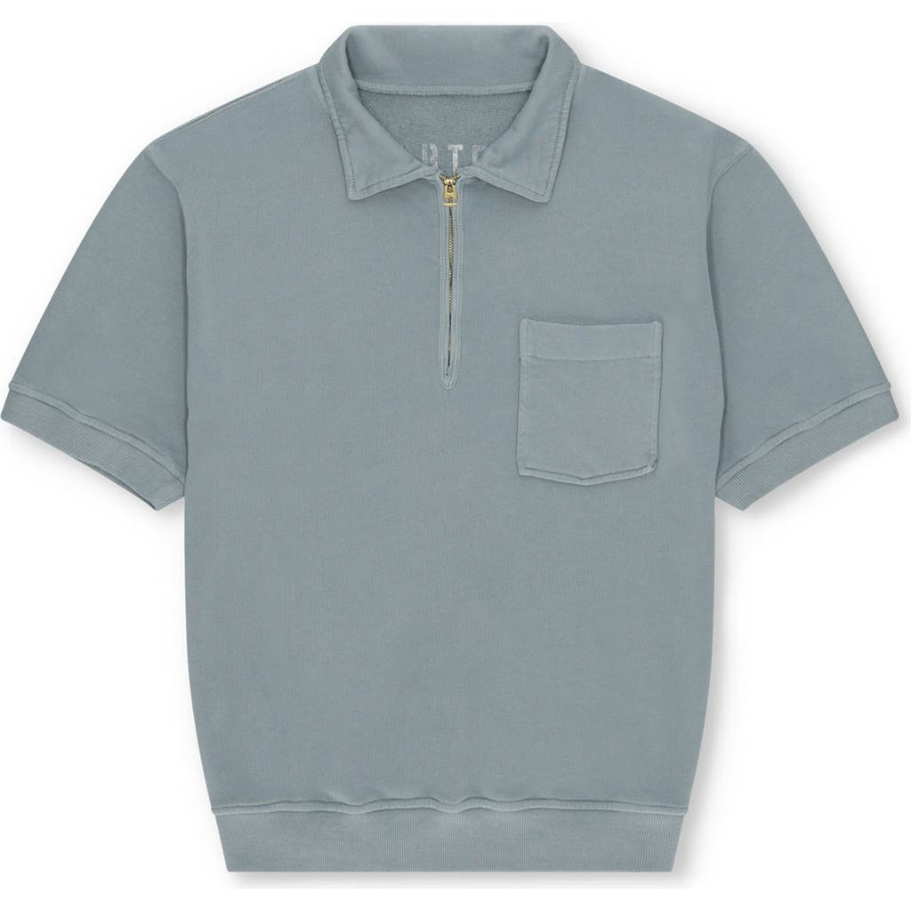 Fortela Yalepm Brushed Jersey Quarter Zip Collared Short Sleeve Sweatshirt In Blue