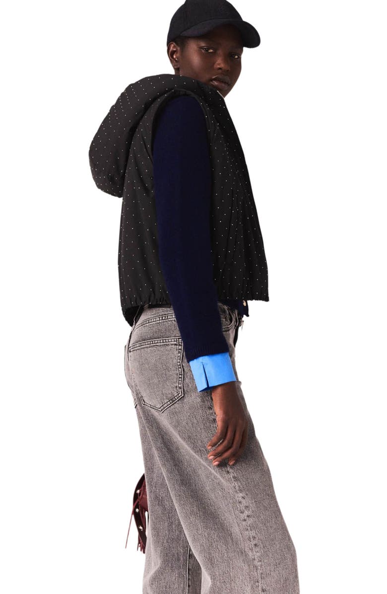 maje Rhinestone sleeveless puffer jacket, Alternate, color, Black