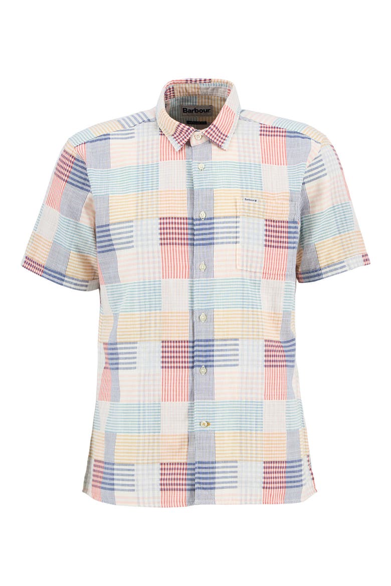 Oakshore Patchwork Print Short Sleeve Slub Cotton Button-Up Shirt, Alternate, color, RED