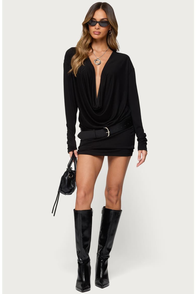 Romelia Cowl Neck Long Sleeve Minidress, Alternate, color, BLACK