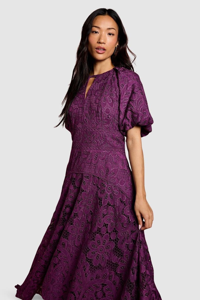 Lace Hanky Hem Puff Sleeve Dress, Alternate, color, Plum