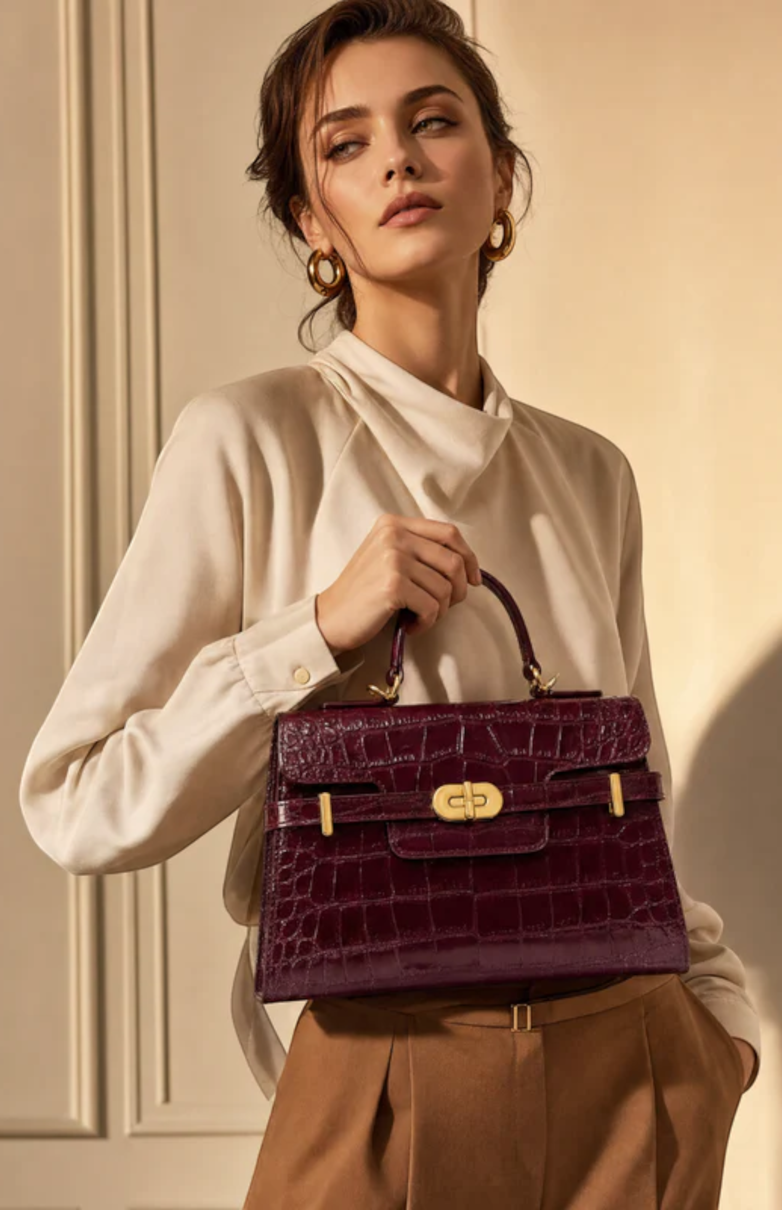 Kensington - Top Handle Black Croc Embossed, Alternate, color, Burgundy